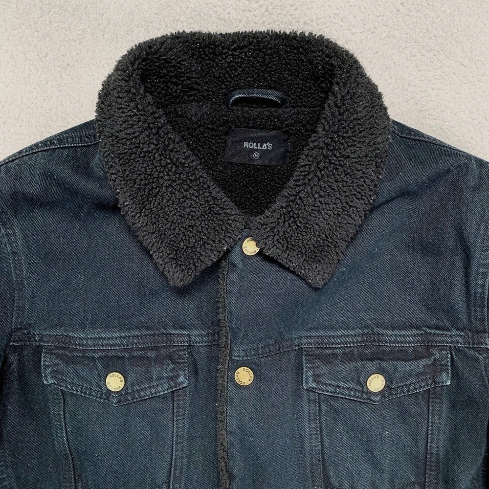 ROLLA'S Jean Trucker Jacket‎ Womens Medium Black Sherpa Lined Denim Retro Biker